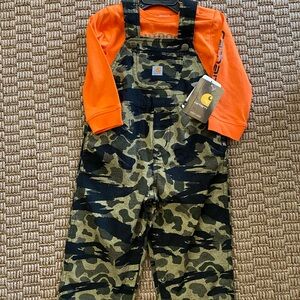 Carhartt Kids Camouflage Overalls with Bright Orange Bodysuit